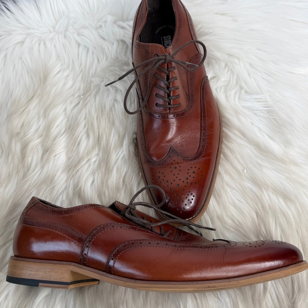 Stacy Adams Mens Cognac Brown Leather Wingtip Oxford Dress Shoes Memory Foam